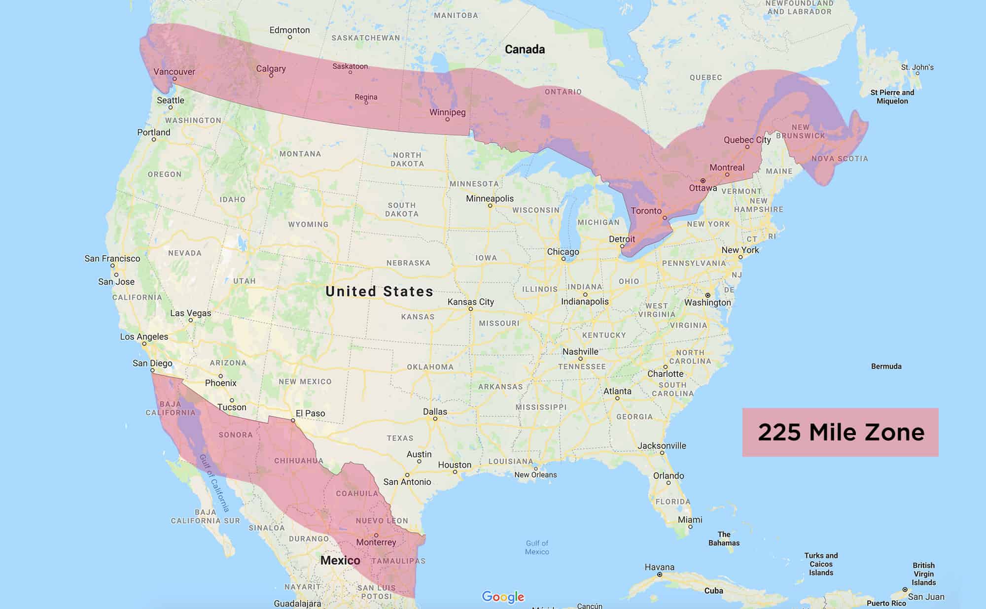 A map from the USA showing the 225 mile zone