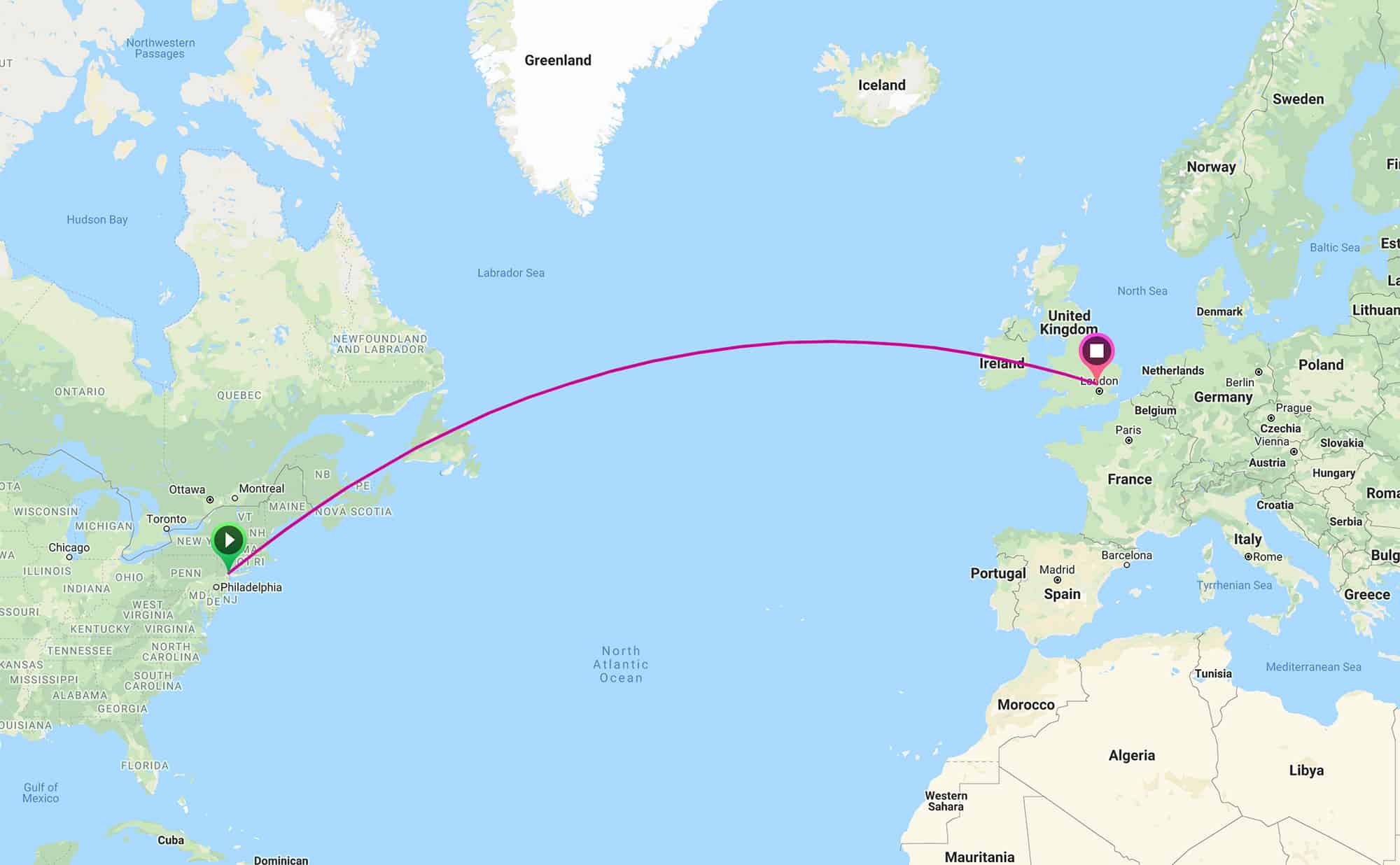 Map of an international flight from New York to London