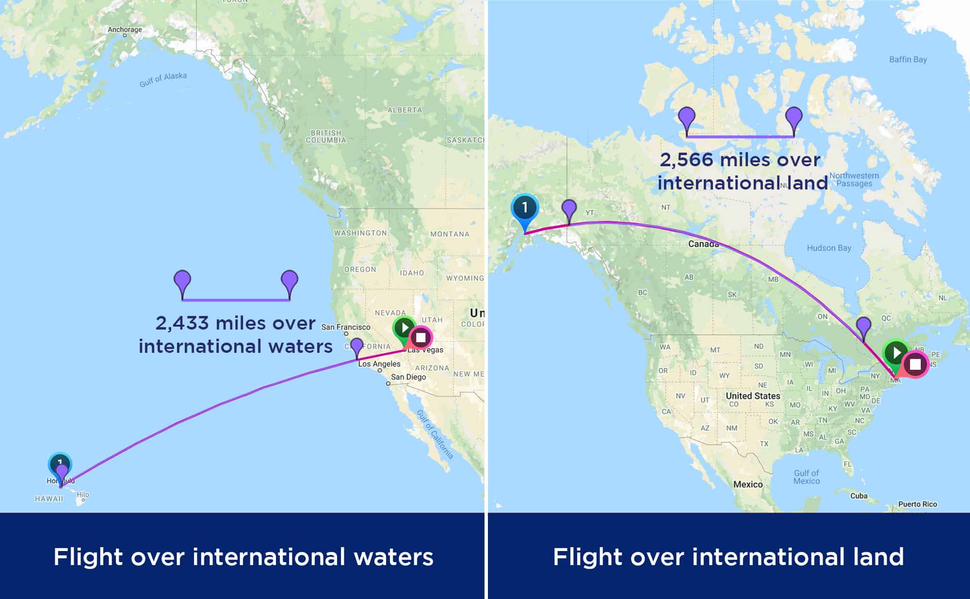 Map of flights over international water and international land