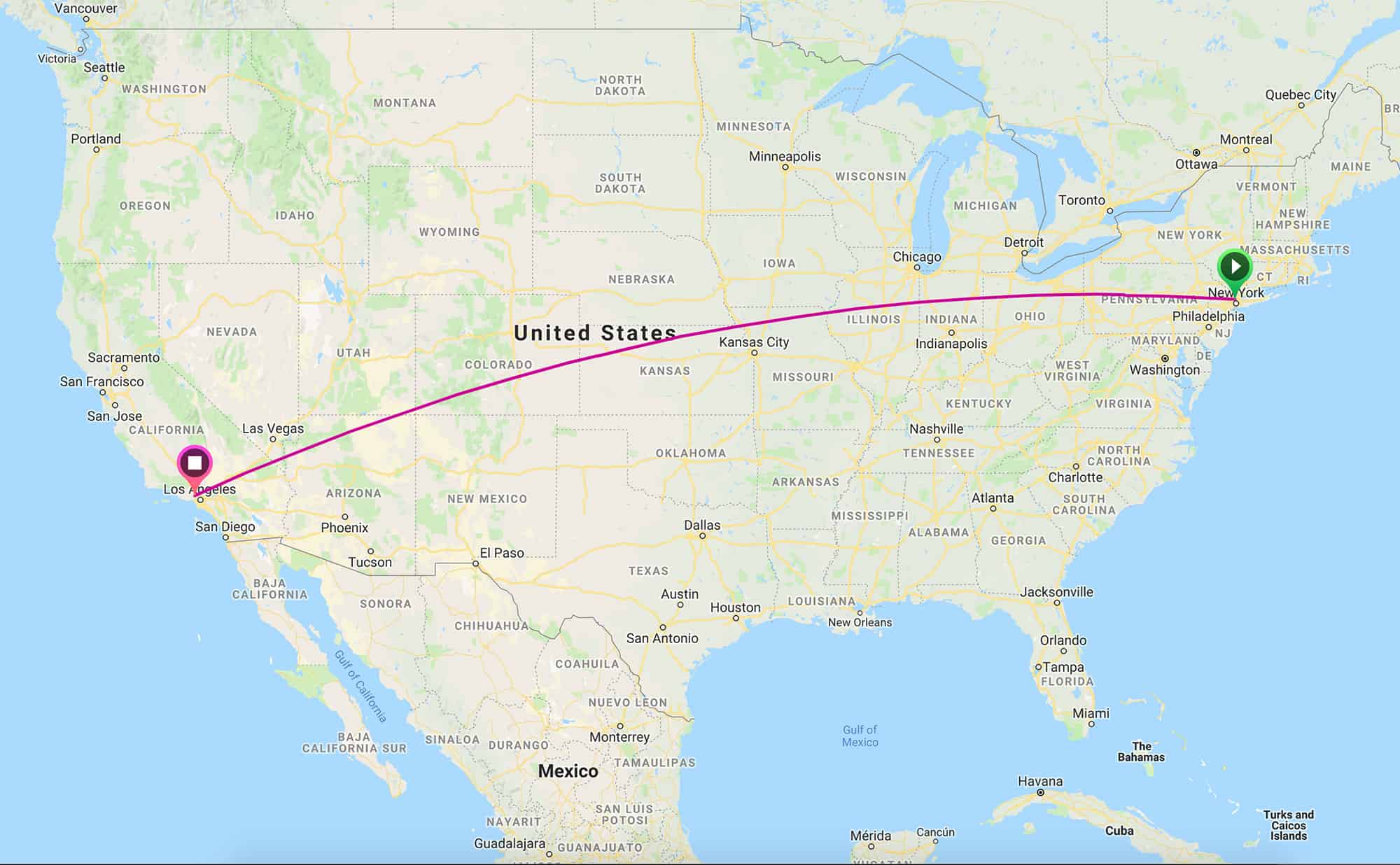 Map of a domestic flight from New York to Los Angeles