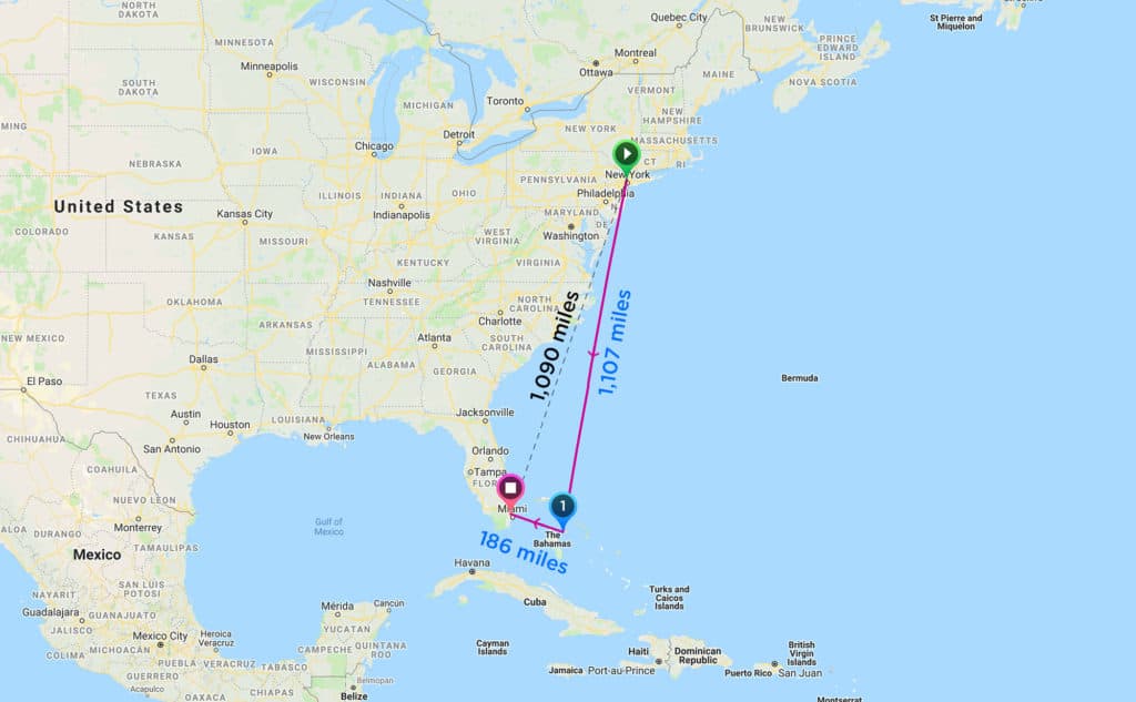 Map of open jaw trip from New York to Nassau and then to Miami