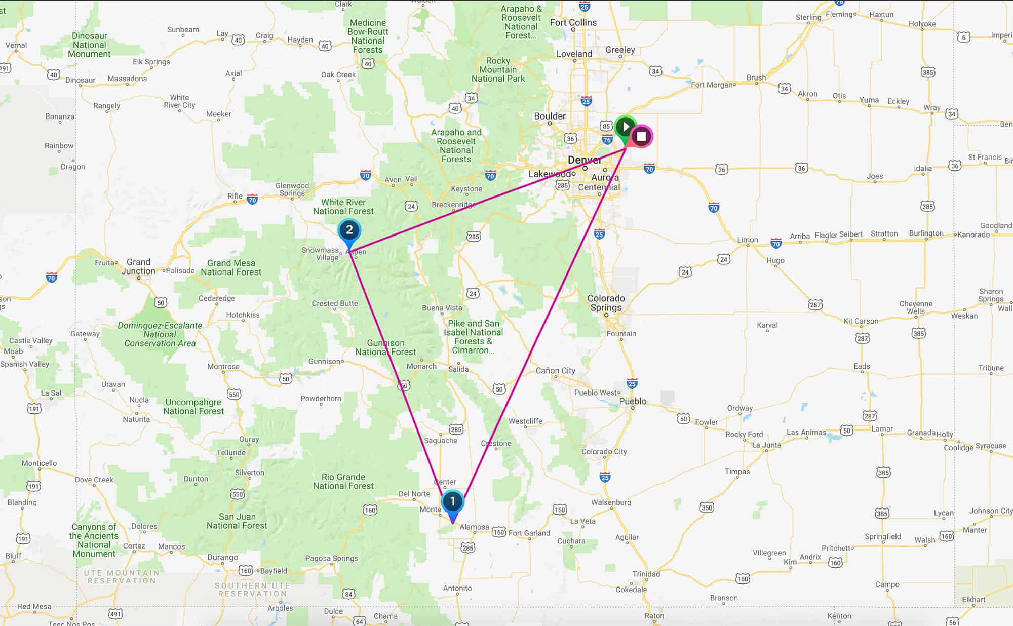 Map of a domestic flight between Denver, Monte Vista (rural airport), and Aspen
