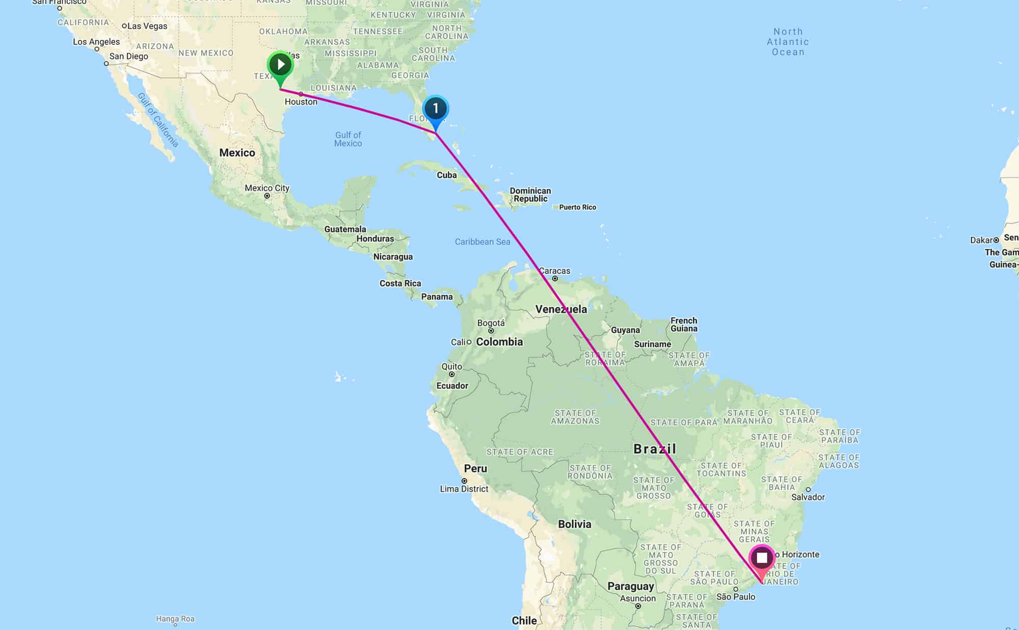 Map of an uninterrupted international flight from Austin to Rio de Janeiro